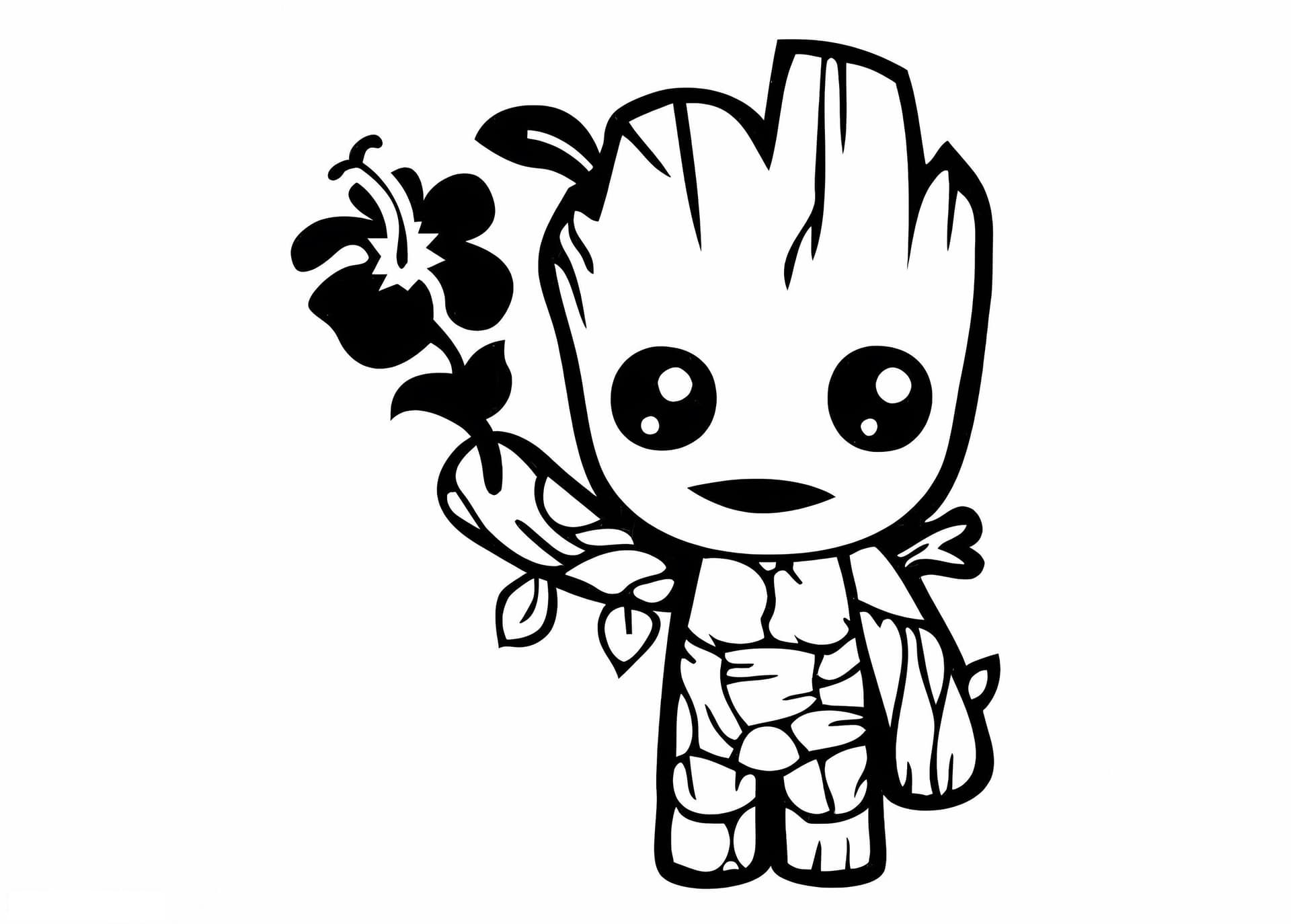 Chibi Groot hält eine Blume