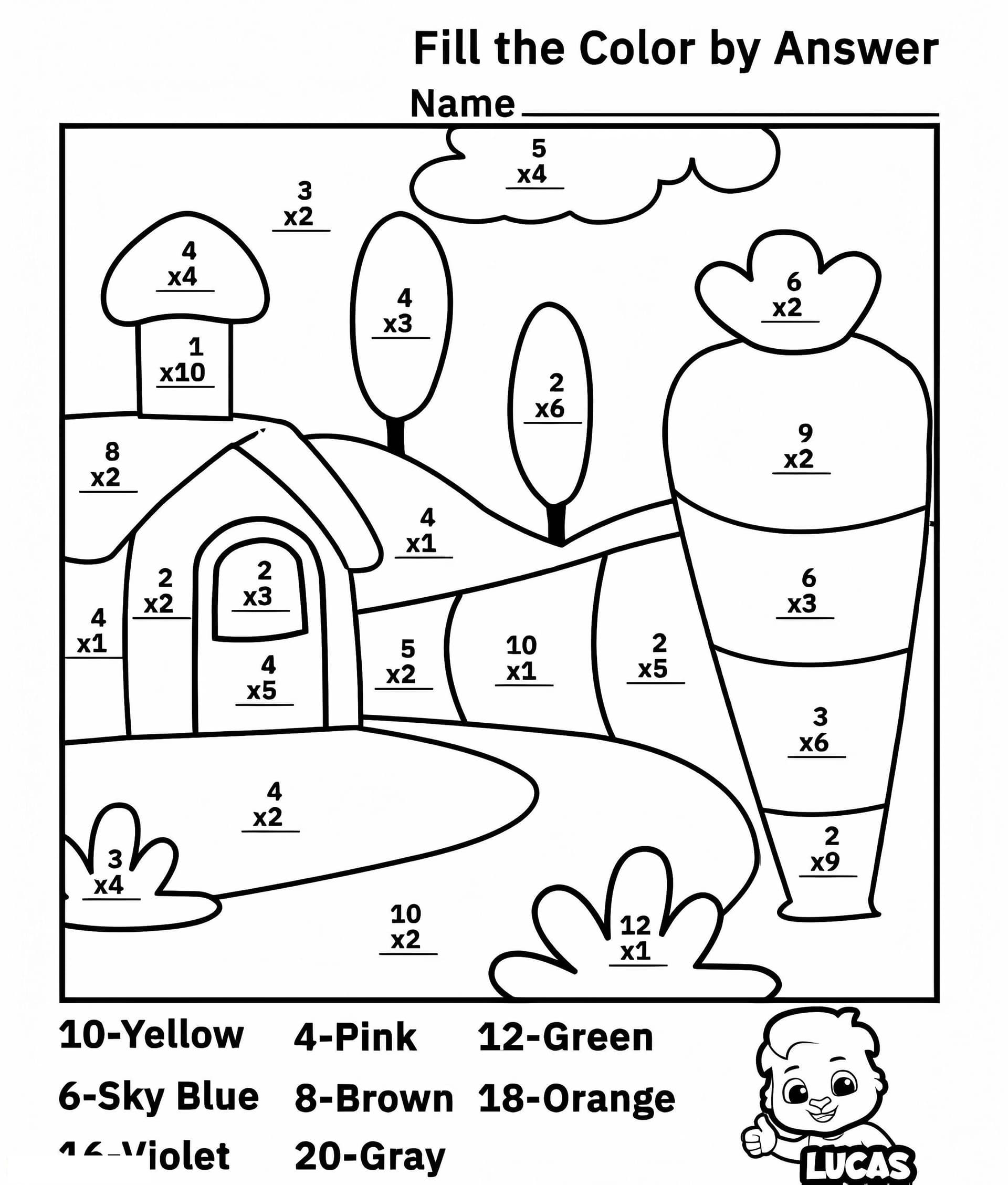 Cute Multiplication Color By Number Worksheet