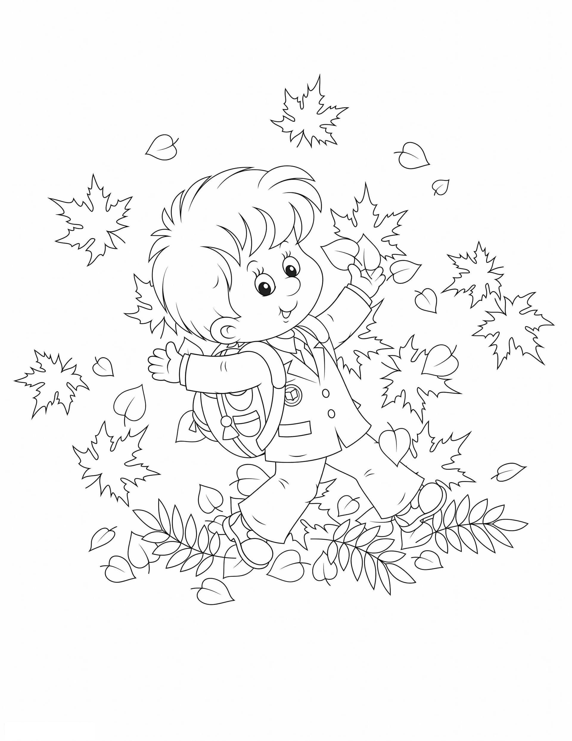Happy Boy With Leaves In Autumn
