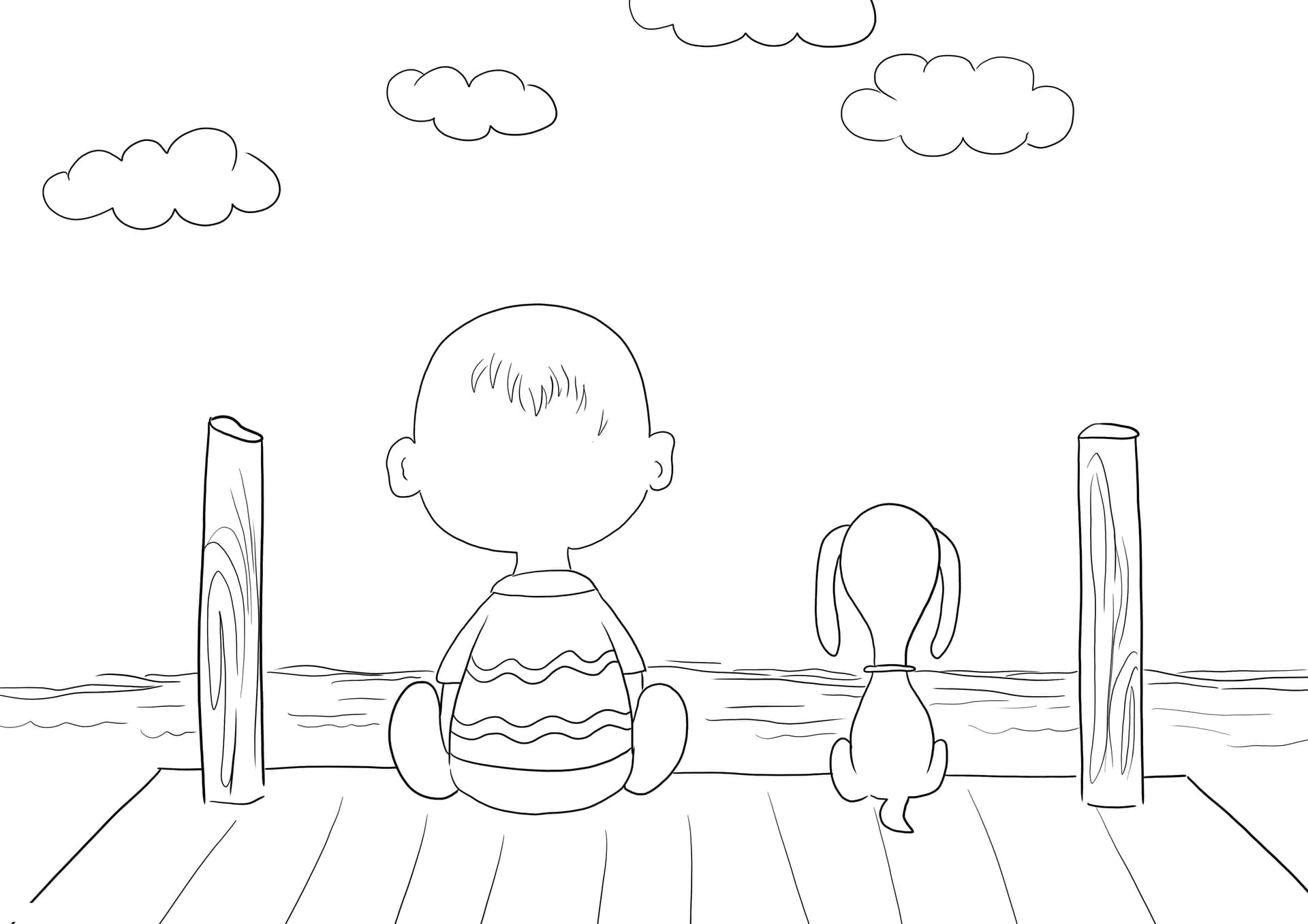 Charlie Brown and Snoopy sitting on the pier