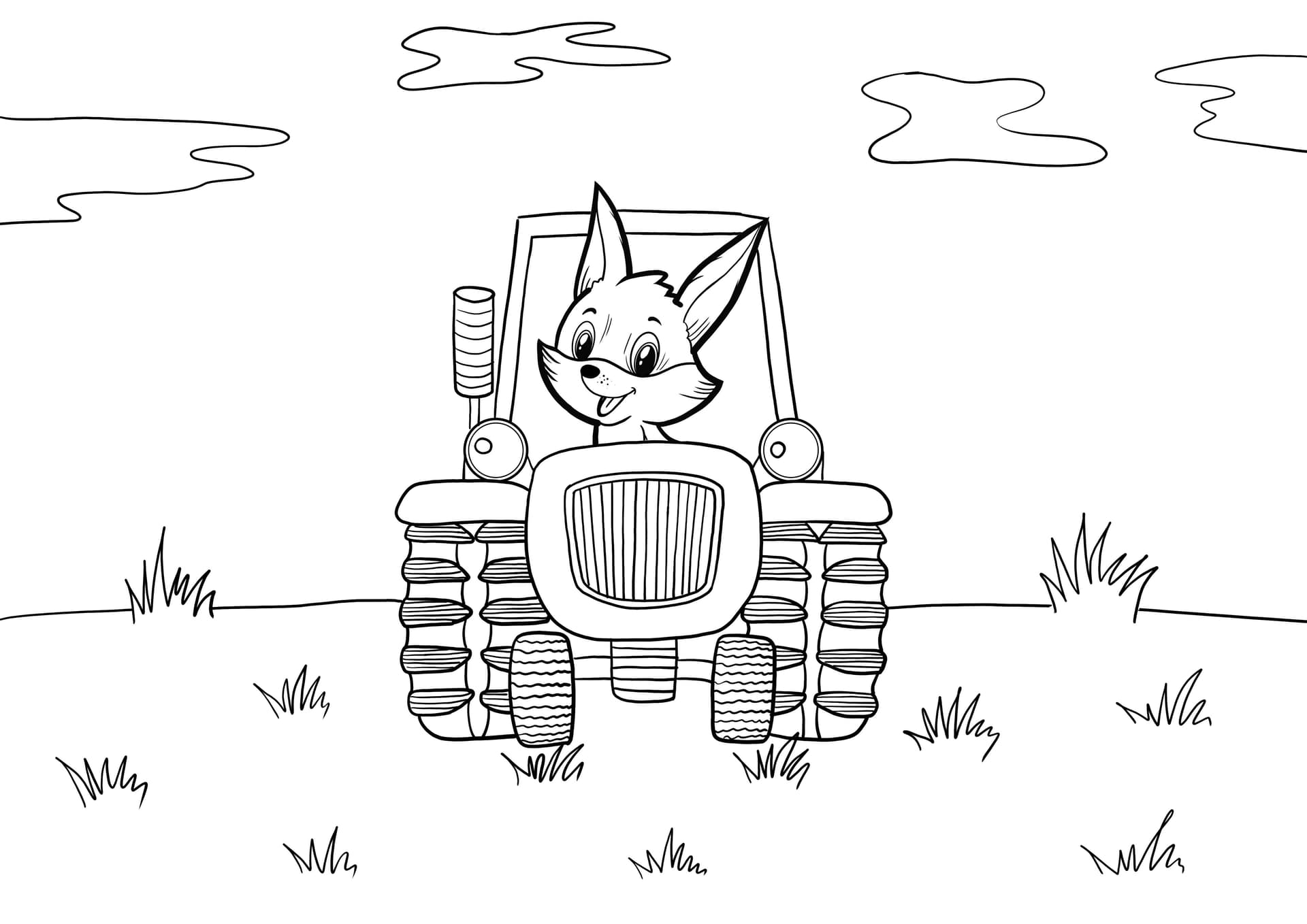 fox riding a tractor