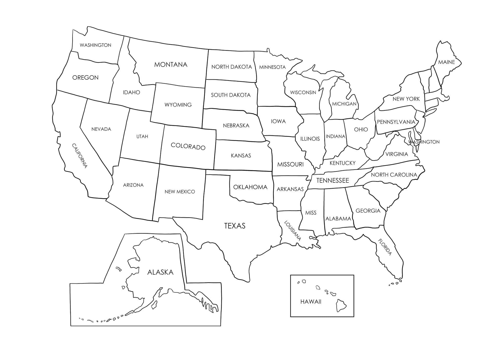 Simple USA map with names of states