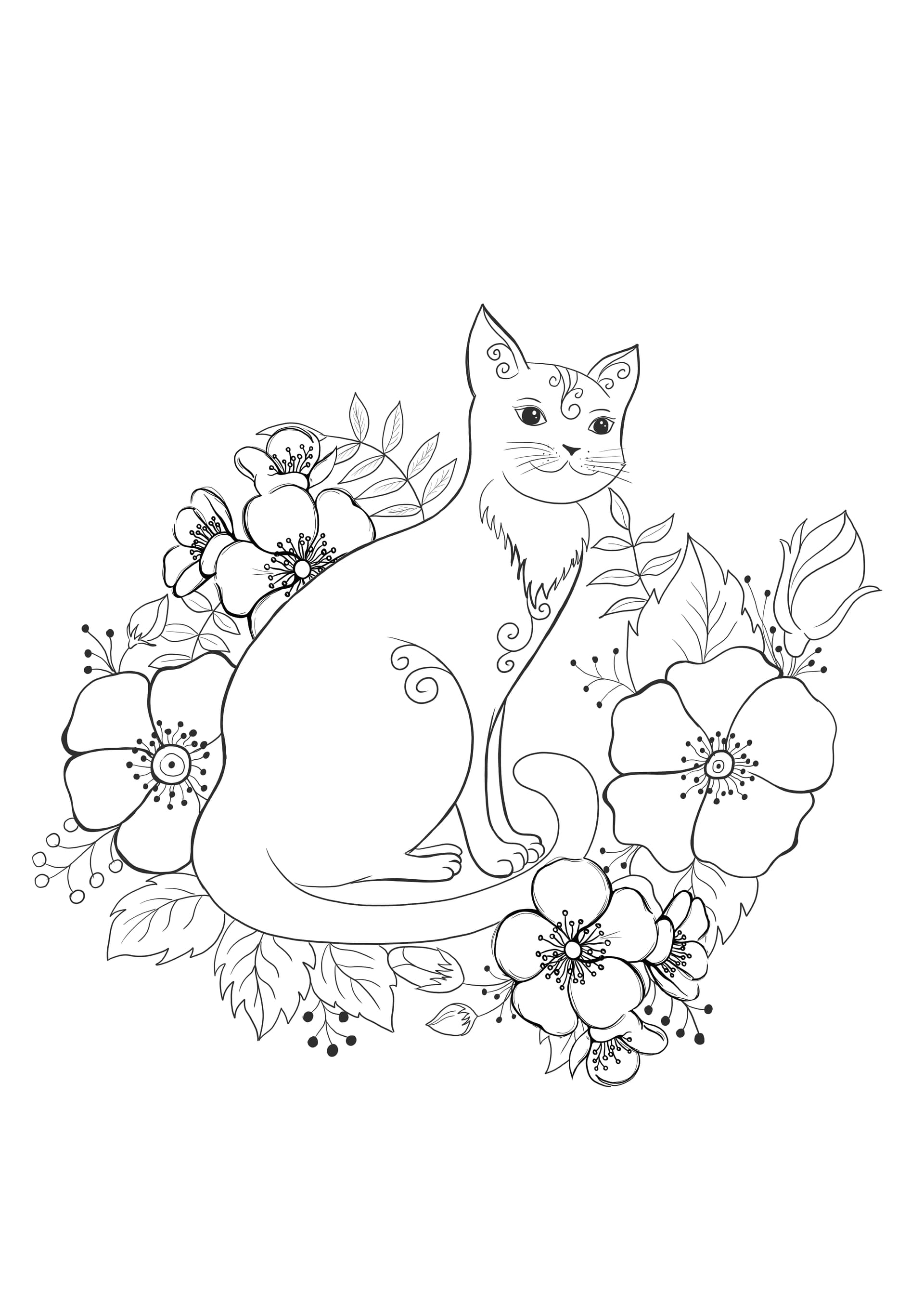Wilde Katze umgeben von Blumen